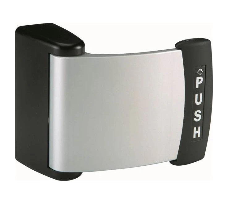 Silver push plate door handle with black accents.