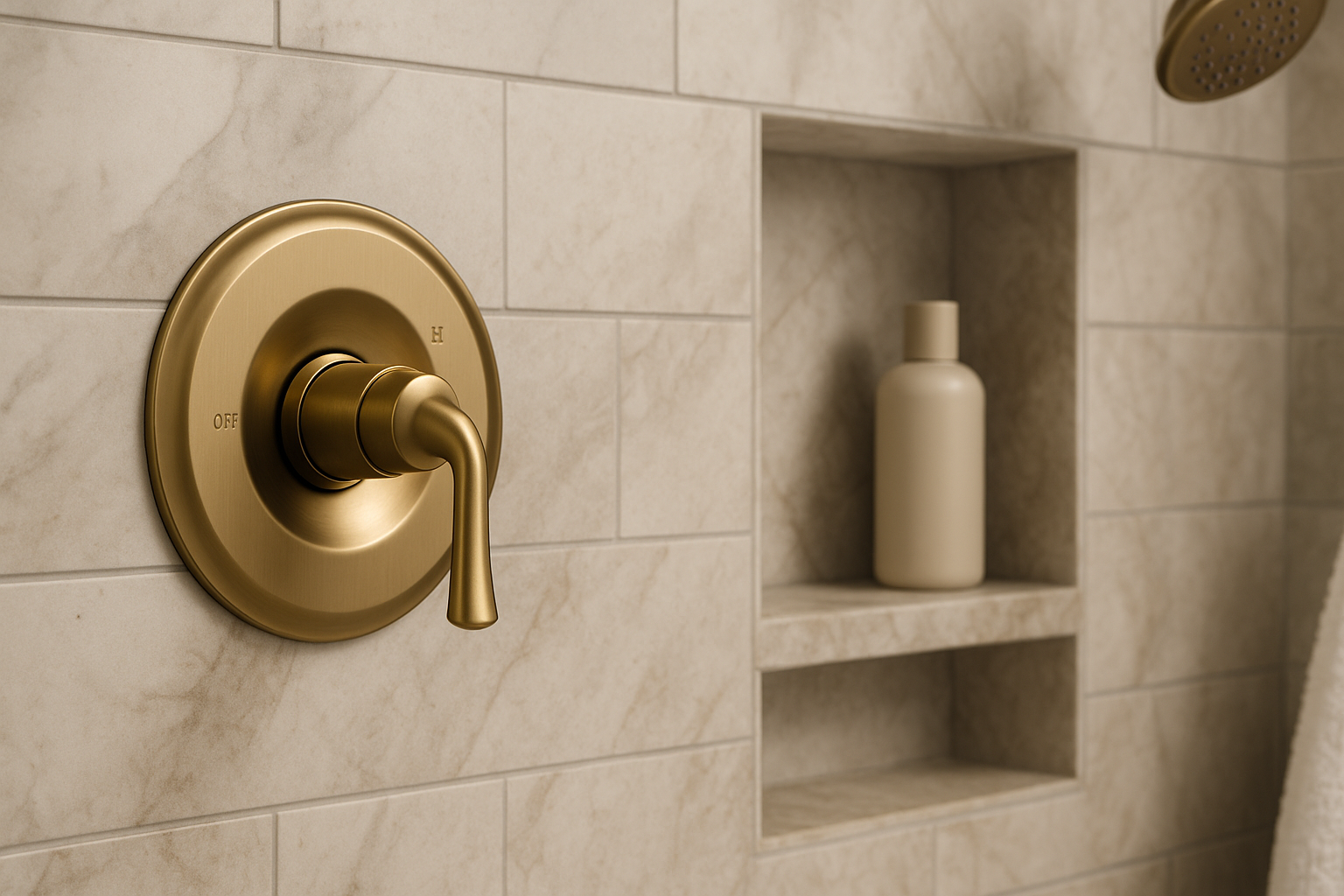 Brushed brass single-handle shower valve mounted on beige tiled bathroom wall with a built-in niche holding a shampoo bottle