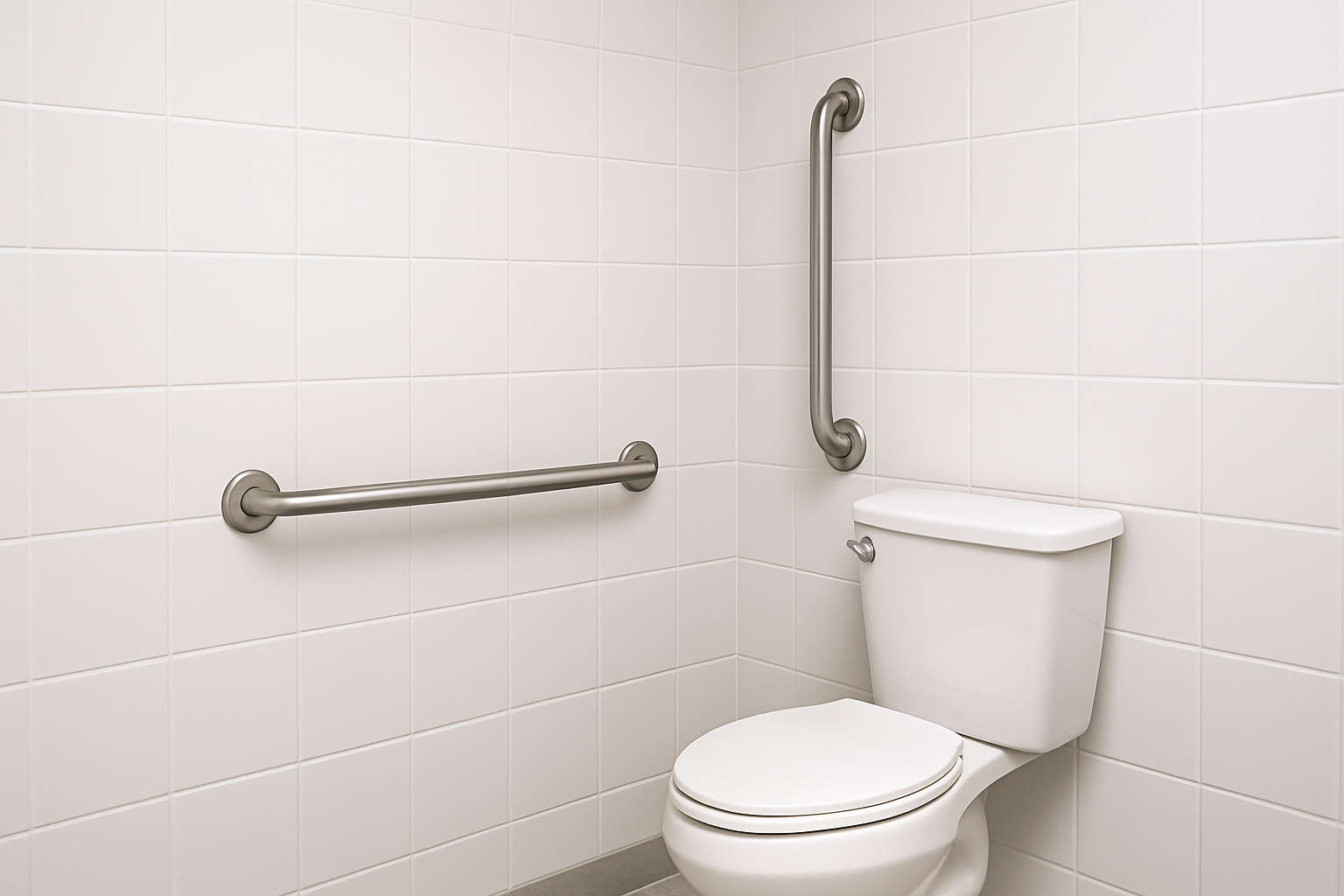 ADA-compliant bathroom corner with stainless steel grab bars installed beside and behind a white toilet on clean tiled walls.