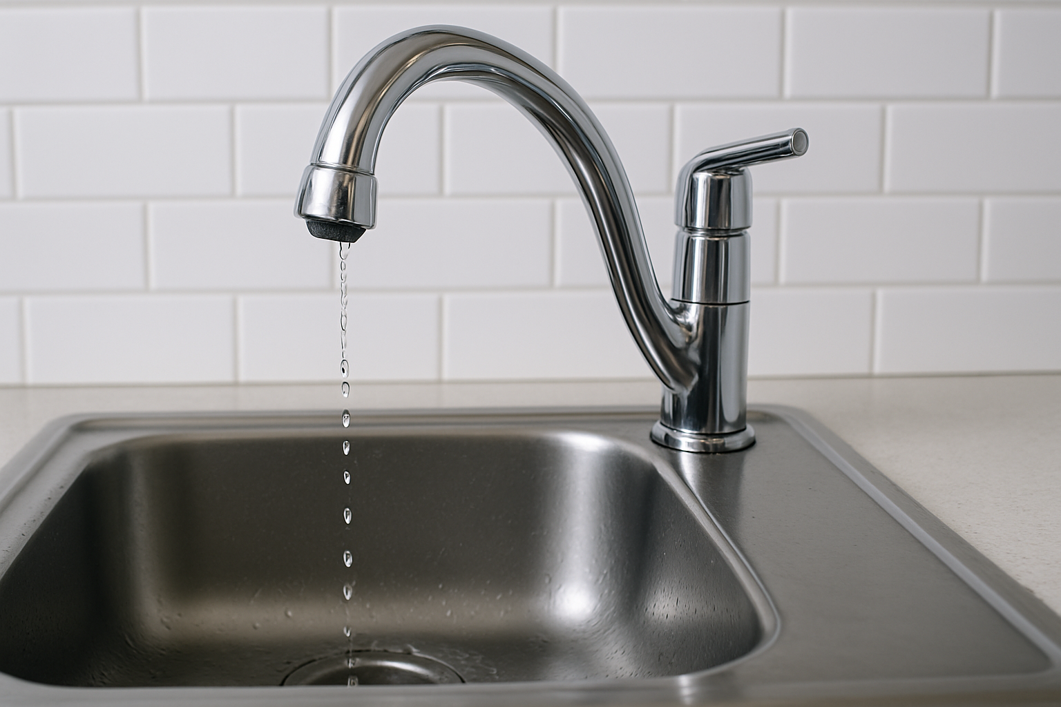 Chrome kitchen faucet leaking water into a stainless steel sink, highlighting a common plumbing issue contractors face when fixing a leaky faucet in residential or commercial projects.