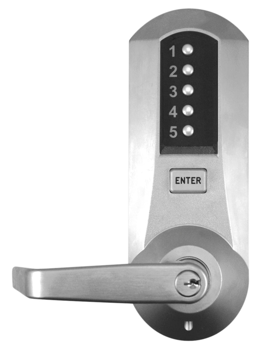 Kaba Simplex 5010XSWL26D Mechanical Pushbutton Exit Trim Lock with Kaba Schlage C Cylinder and Winston Lever Satin Chrome Finish Sparrow Supply