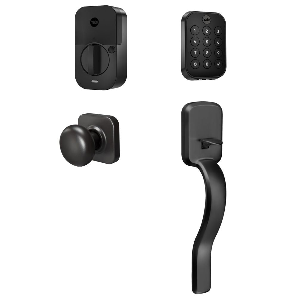 Yale Real Living BYRD430BLERXBSP Yale Assure Lock 2 Bundle with Key Free Keypad Bluetooth Deadbolt, Ridgefield Handleset Passage, and DoorSense BSP Black Suede Powder Coat Finish Sparrow Supply