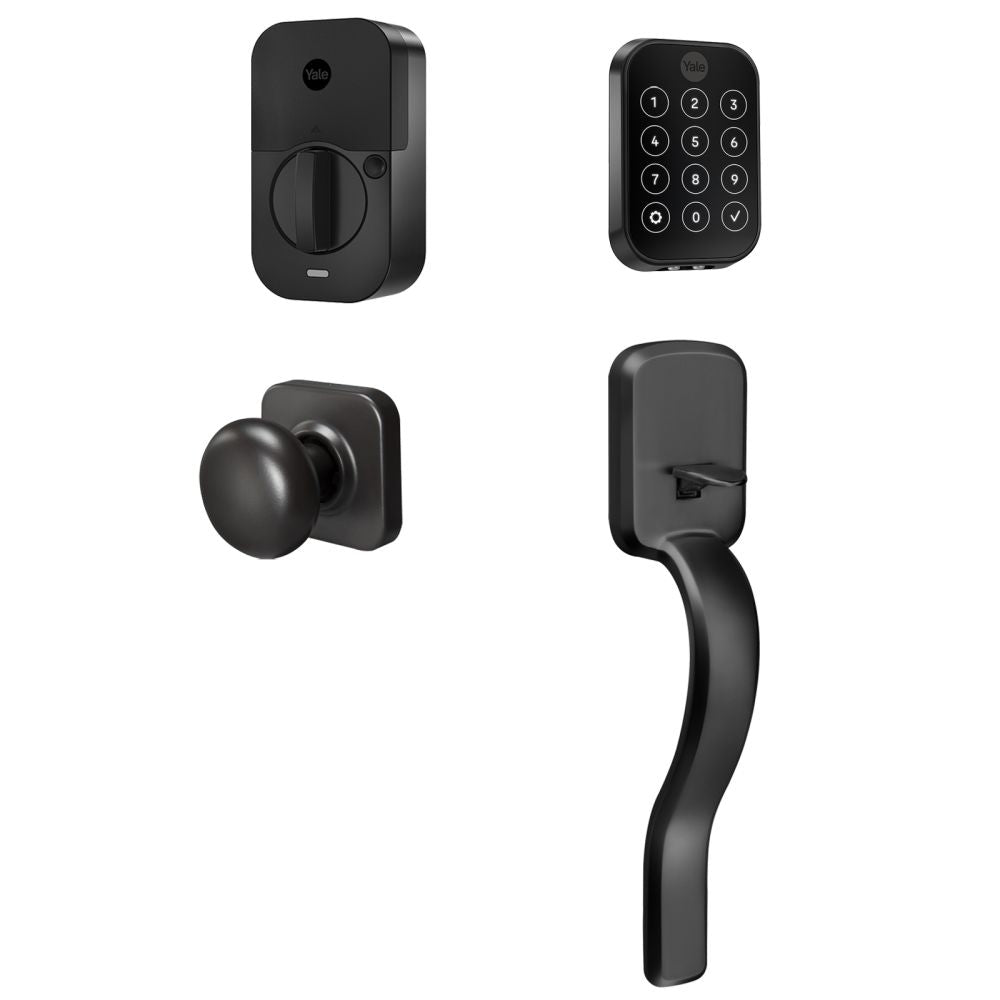 Yale Real Living BYRD450WF1RXBSP Yale Assure Lock 2 Bundle with Key Free Touchscreen Wi Fi Deadbolt, Ridgefield Handleset Passage, and DoorSense BSP Black Suede Powder Coat Finish Sparrow Supply