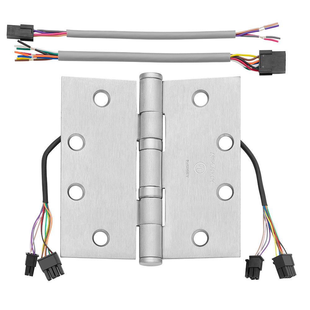 McKinney TA271441226DQC12 4-1/2" x 4-1/2" Square Corner Standard Weight 5 Knuckle Ball Bearing 12 Wire Electric Hinge Satin Chrome Finish Sparrow Supply