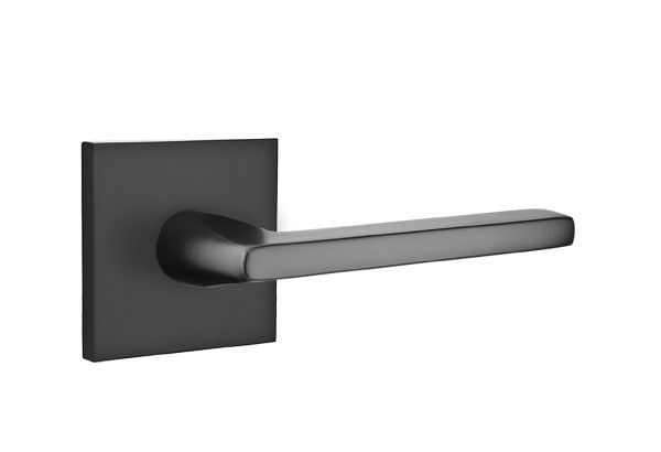Emtek 5210HLOUS19RH Helios Lever Right Hand 2-3/8" Backset Privacy with Square Rose for 1-1/4" to 2" Door Flat Black Finish Sparrow Supply