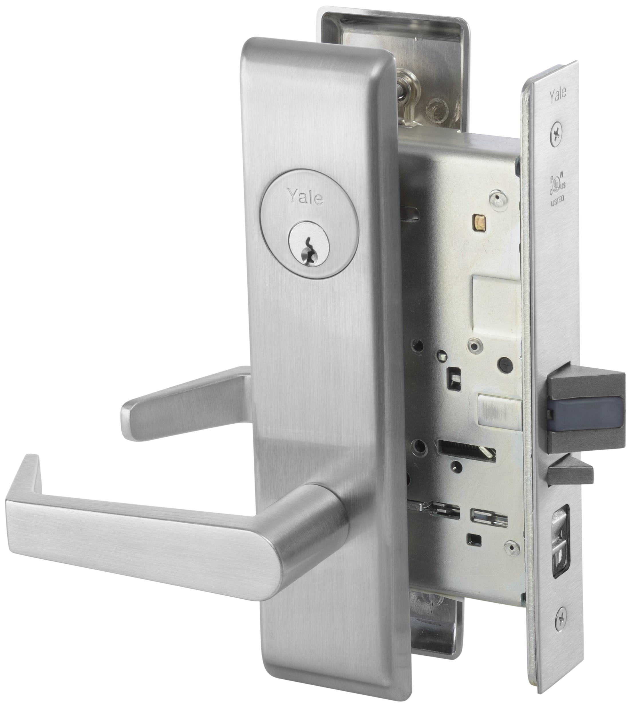 Yale Commercial AUCN8808FL626 Classroom Mortise Lock with Augusta Lever and Camden Escutcheon with Para Keyway with 2815 Curved Lip Strike Satin Chrome Finish Sparrow Supply