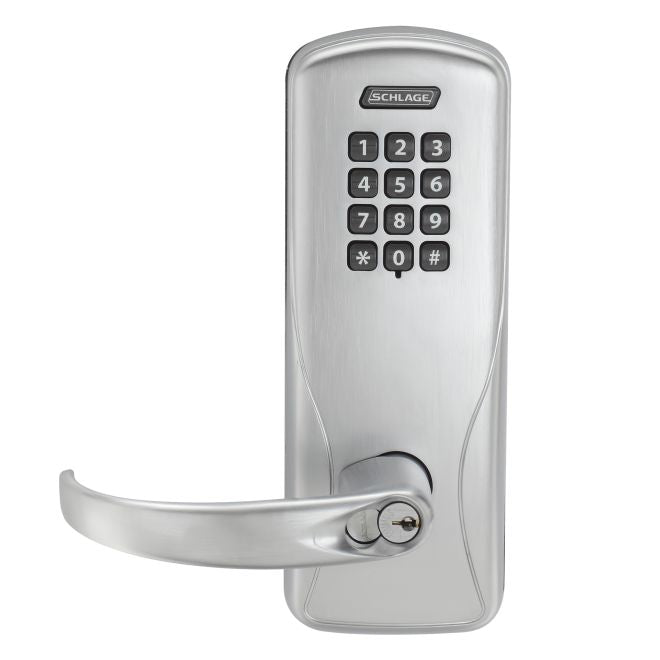 Schlage Electronic CO100CY70KPSPA626B Standalone Keypad Programmable Electronic Lock Cylindrical Classroom / Storeroom Keypad Sparta Lever with Small Format Less Core Satin Chrome Finish Sparrow Supply