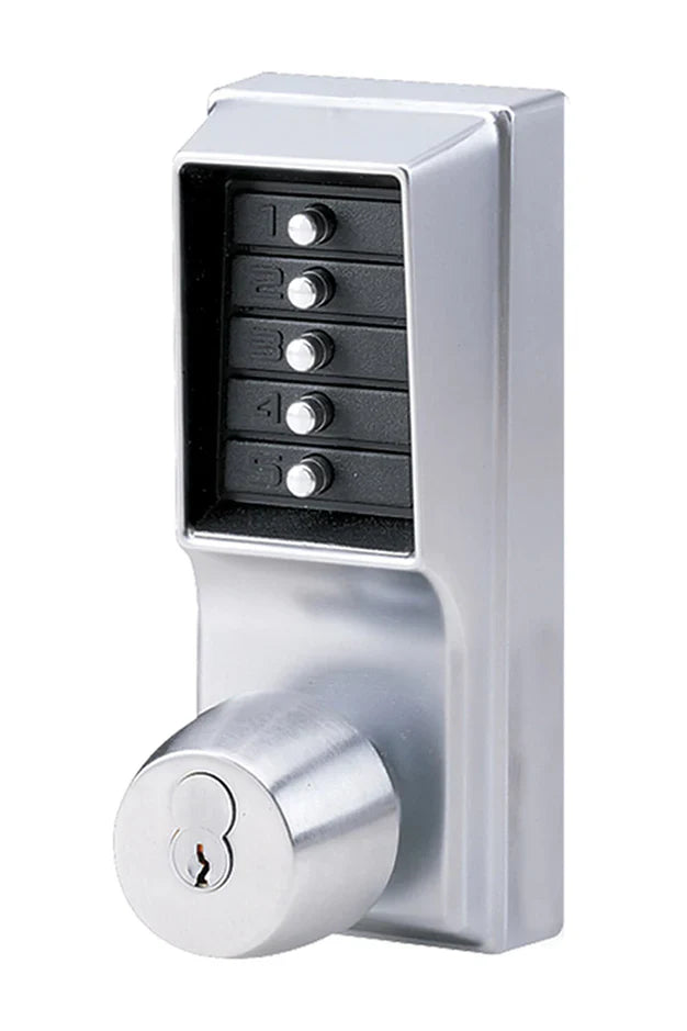 Silver combination lock with numbered buttons and keyed cylinder.