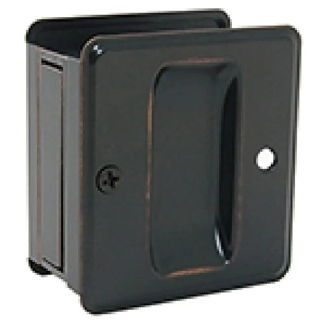 Dark bronze pocket door handle, rectangular shape.