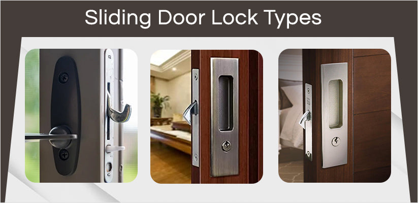 Sliding door lock options:  black, silver, and interior installation examples.