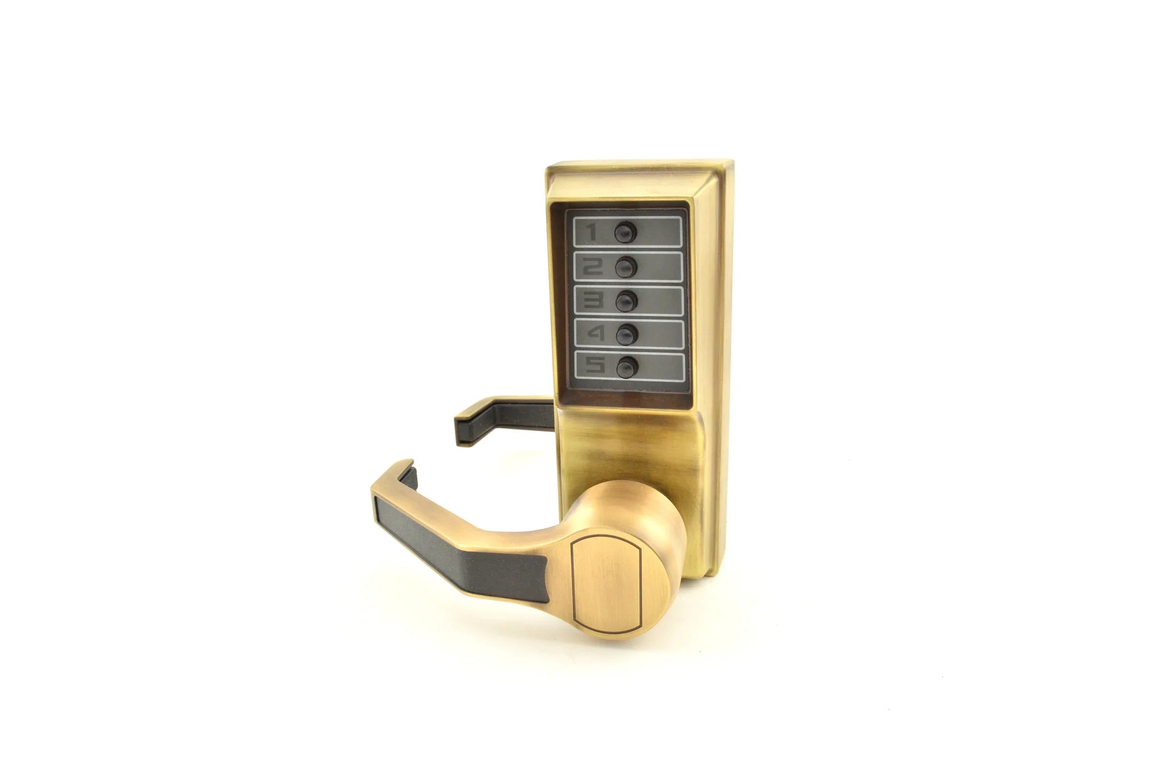 Brass keyed entry door handle with five-button keypad.