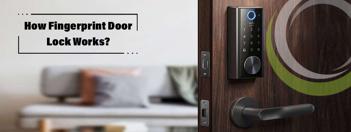 Black fingerprint door lock installed on a dark wood door, keypad visible.