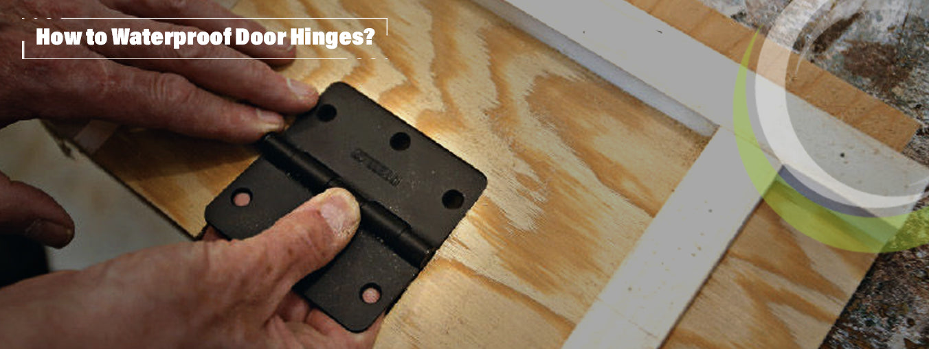 Black door hinge on light wood surface.
