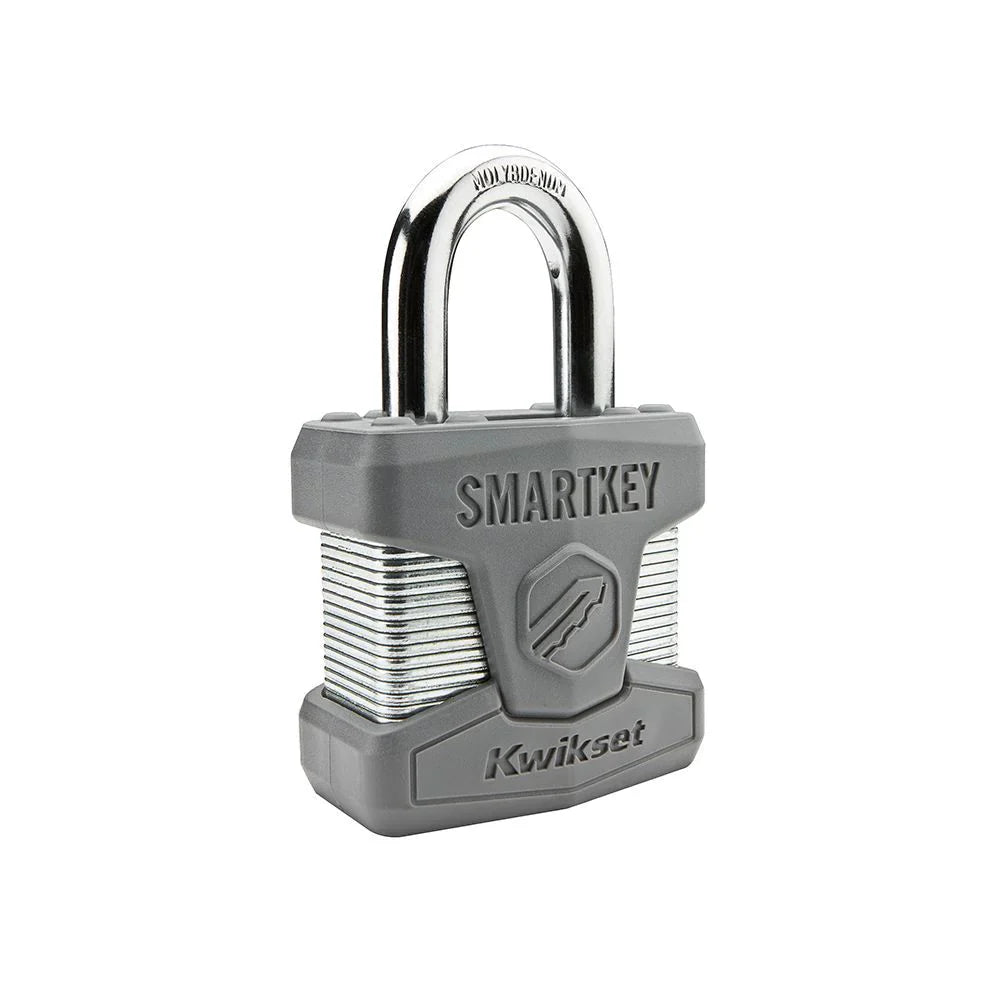 Gray and chrome padlock with layered security mechanism.