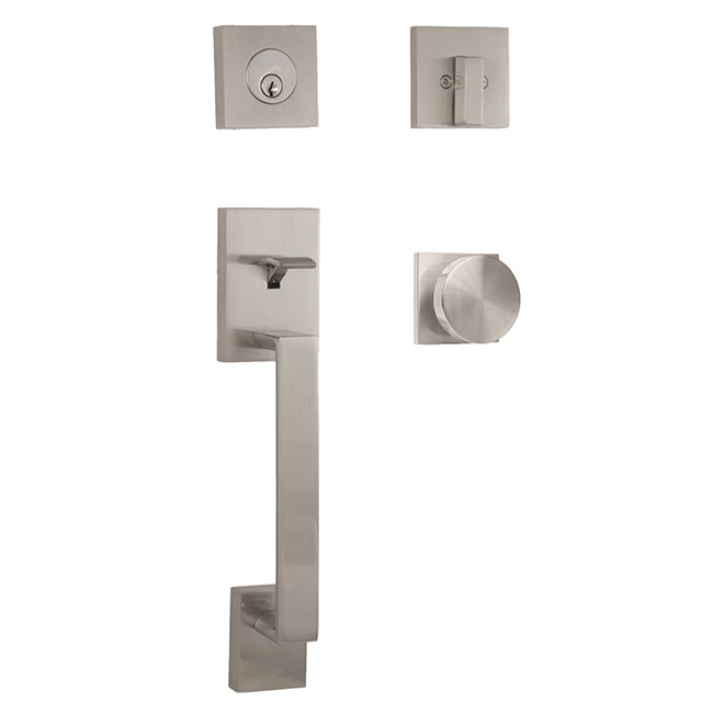 Weslock 02880-N4NFR2D Brookside Single Cylinder Handleset with Mesa Knob Trim with Adjustable Latch and Round Corner Strikes Satin Nickel Finish