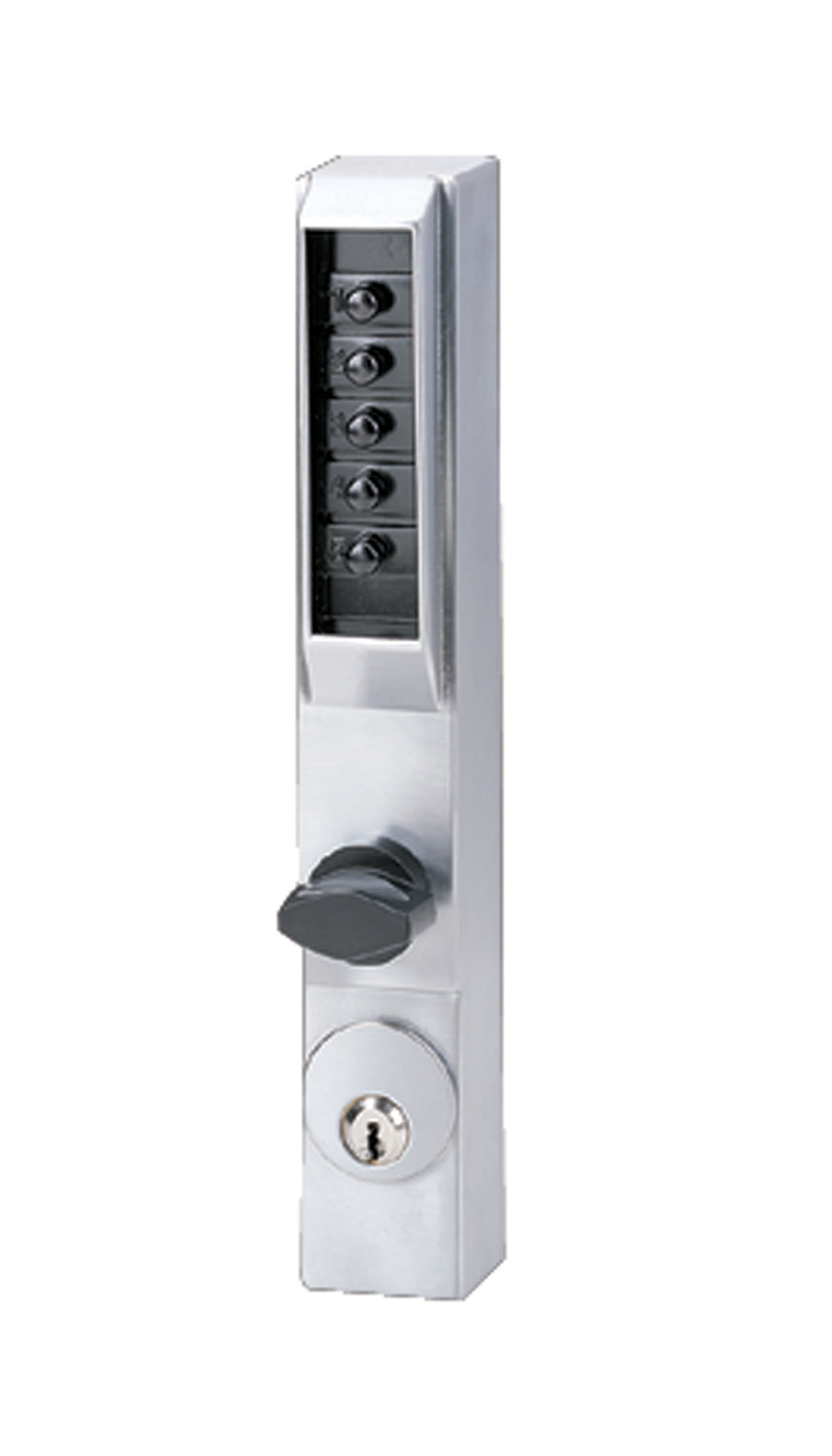 Kaba Simplex 300126D Narrow Stile Mechanical Pushbutton Lock; Combination Entry Passage Lockout with Key Override Satin Chrome Finish Sparrow Supply
