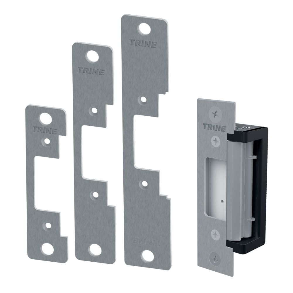 Trine 430032D Electric Strike for Cylindrical Locks and Deadlatches with 4 Faceplates of CC, CCRD, CC7, and CC8 Satin Stainless Steel Finish