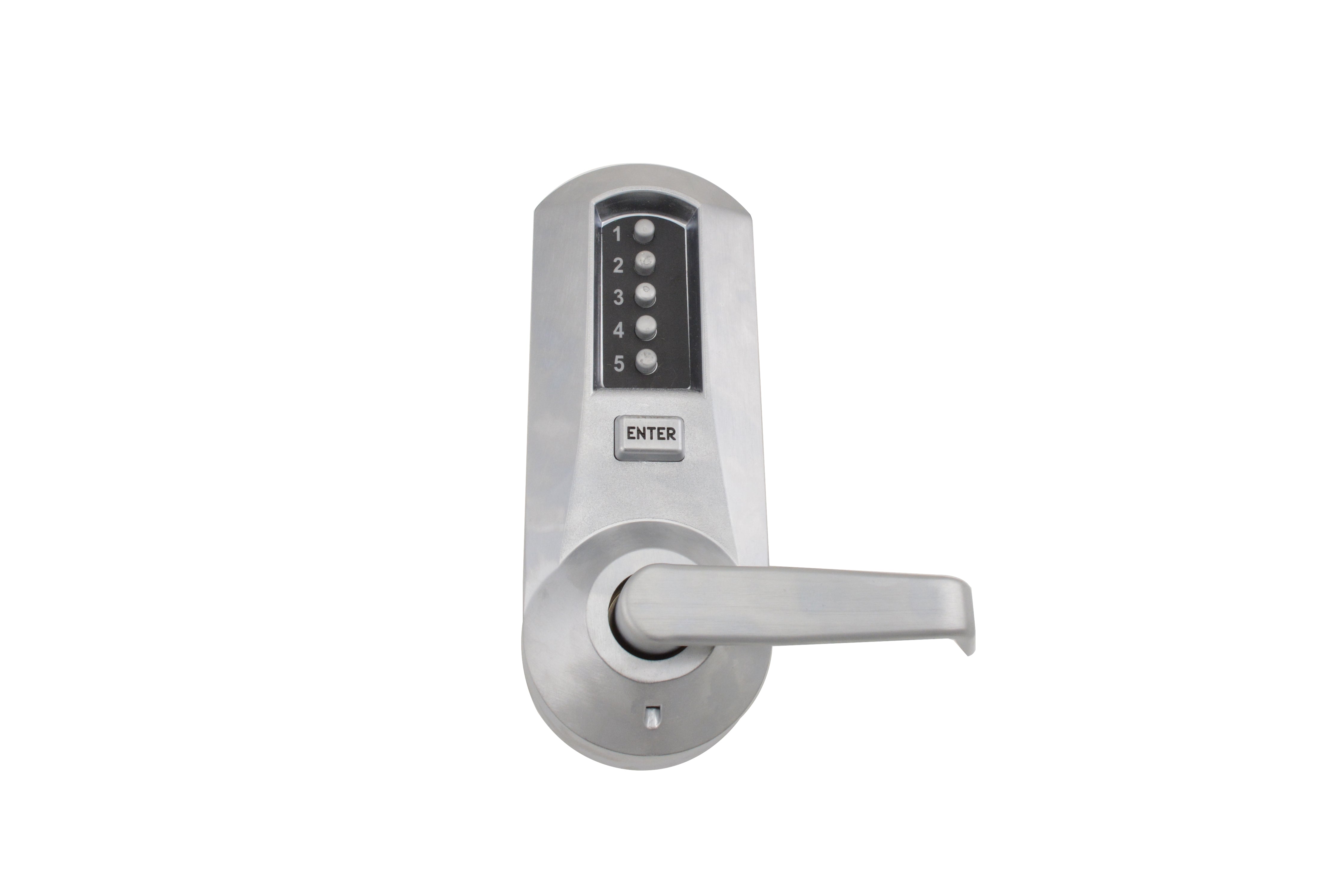 Kaba Simplex 5031BWL26D Mechanical Pushbutton Cylindrical Lock with Interior Combination Change; 2-3/4" Backset; Best Prep and Winston Lever Satin Chrome Finish Sparrow Supply