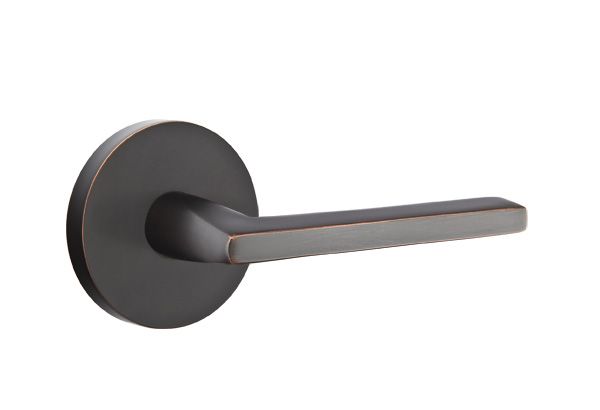 Emtek 5109HLOUS10BLH Helios Lever Left Hand 2-3/8" Backset Passage with Disk Rose for 1-1/4" to 2" Door Oil Rubbed Bronze Finish Sparrow Supply
