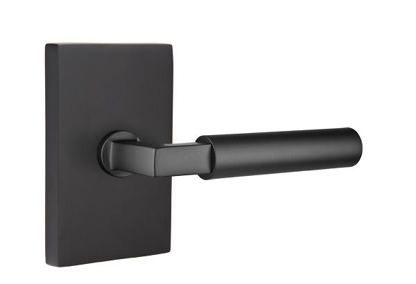 Emtek 5112HECUS19LH Hercules Lever Left Hand 2-3/8" Backset Passage with Modern Rectangular Rose for 1-1/4" to 2" Door Flat Black Finish Sparrow Supply