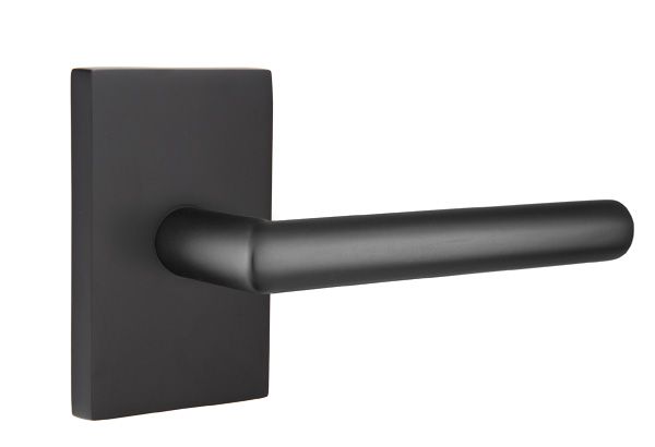 Emtek 5112STUUS19LH Stuttgart Lever Left Hand 2-3/8" Backset Passage with Modern Rectangular Rose for 1-1/4" to 2" Door Flat Black Finish Sparrow Supply