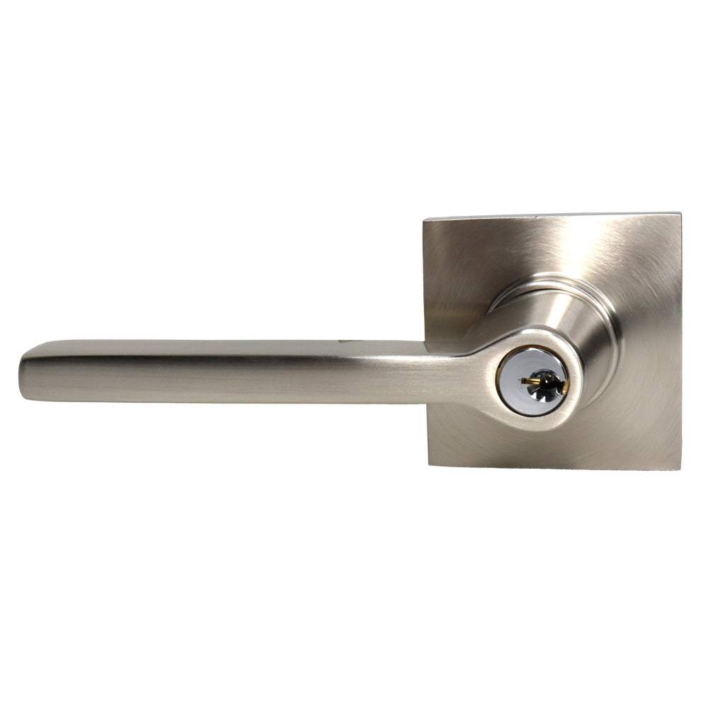 Emtek 5122HLOUS15LH Helios Lever Left Hand 2-3/8" and 2-3/4" Backset Keyed Entry with Square Rose for 1-3/8" to 2-1/16" Door Satin Nickel Finish Sparrow Supply