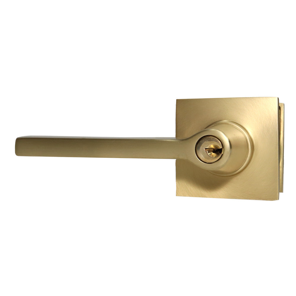 Emtek 5122HLOUS4LH Helios Lever Left Hand 2-3/8" and 2-3/4" Backset Keyed Entry with Square Rose for 1-3/8" to 2-1/16" Door Satin Brass Finish Sparrow Supply