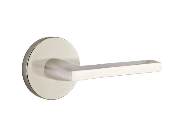 Emtek 5209HLOUS15RH Helios Lever Right Hand 2-3/8" Backset Privacy with Disk Rose for 1-1/4" to 2" Door Satin Nickel Finish Sparrow Supply