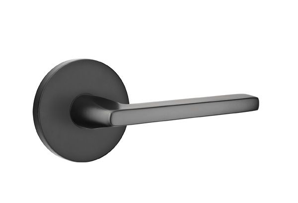 Emtek 5209HLOUS19RH Helios Lever Right Hand 2-3/8" Backset Privacy with Disk Rose for 1-1/4" to 2" Door Flat Black Finish Sparrow Supply