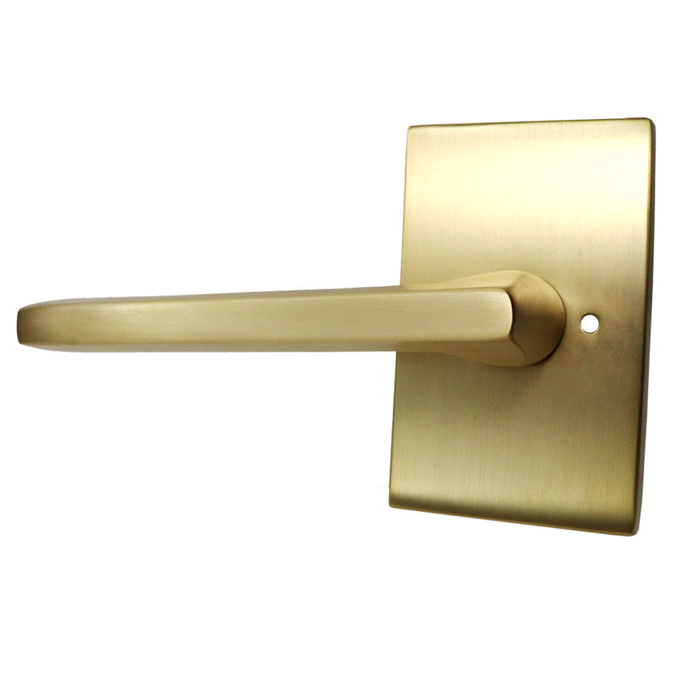 Emtek 5212HLOUS4LH.RLS Helios Lever Left Hand 2-3/8" Backset with Radius Latch Strike Privacy with Modern Rectangular Rose for 1-1/4" to 2" Door Satin Brass Finish Sparrow Supply