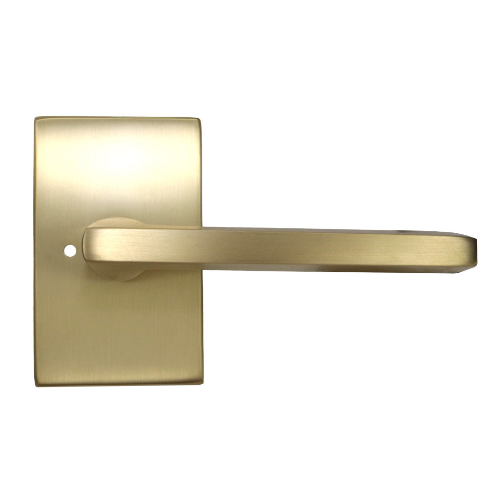 Emtek 5212HLOUS4RH.RLS Helios Lever Right Hand 2-3/8" Backset with Radius Latch Strike Privacy with Modern Rectangular Rose for 1-1/4" to 2" Door Satin Brass Finish Sparrow Supply