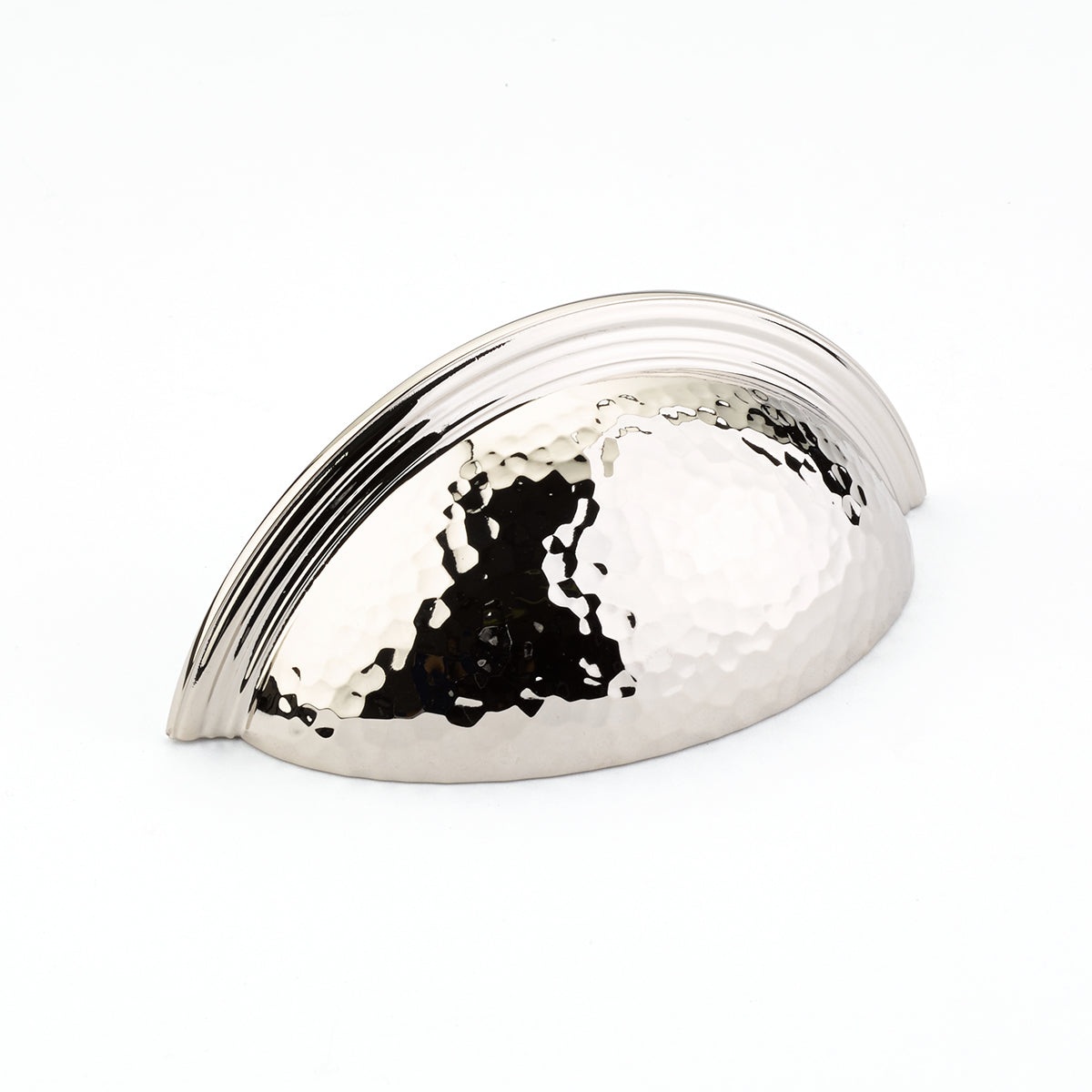 Schaub 573-PN 3" Center to Center Atherton Hammered Plain Edge Cup Pull Polished Nickel Finish Sparrow Supply