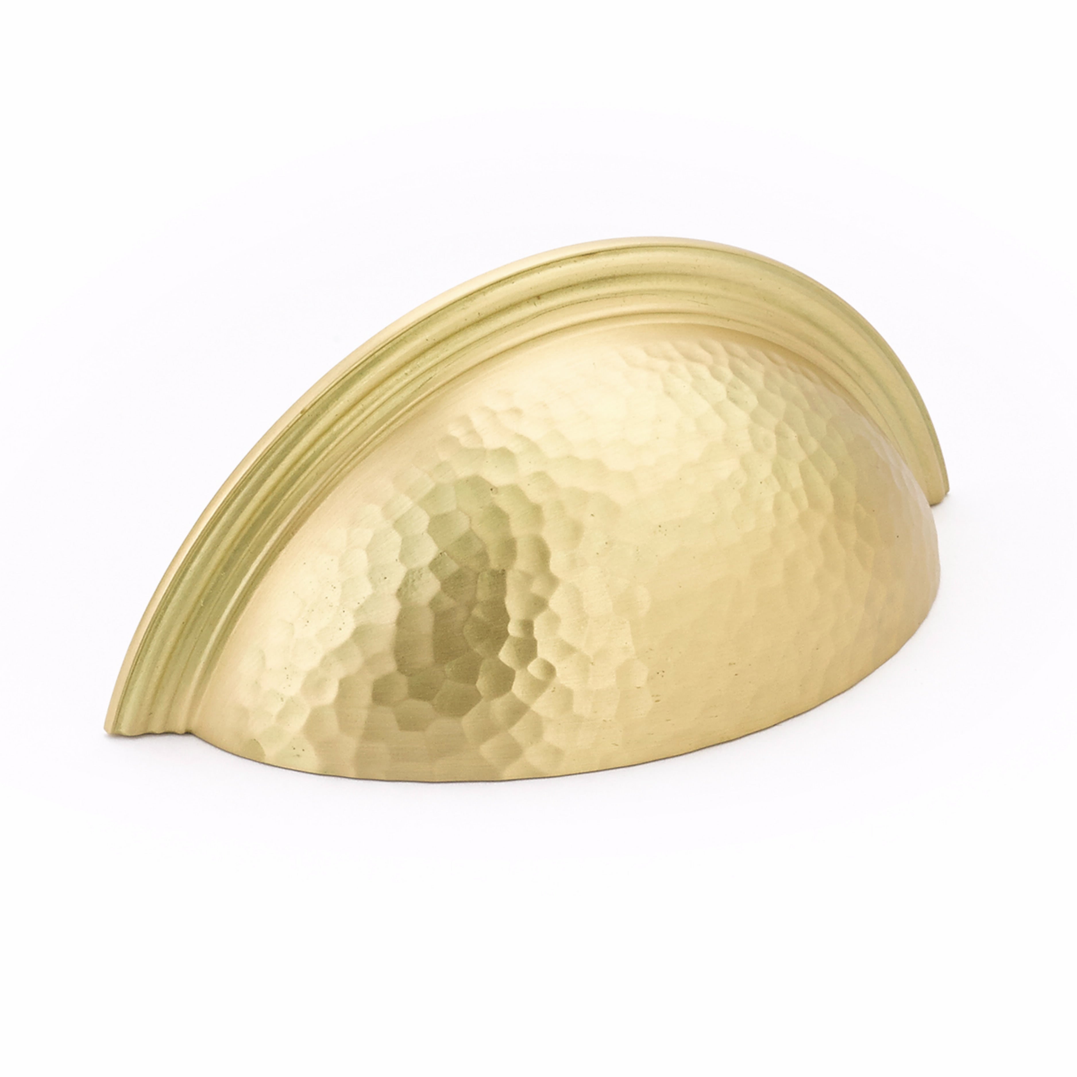 Schaub 573-SB 3" Center to Center Atherton Hammered Plain Edge Cup Pull Satin Brass Finish Sparrow Supply