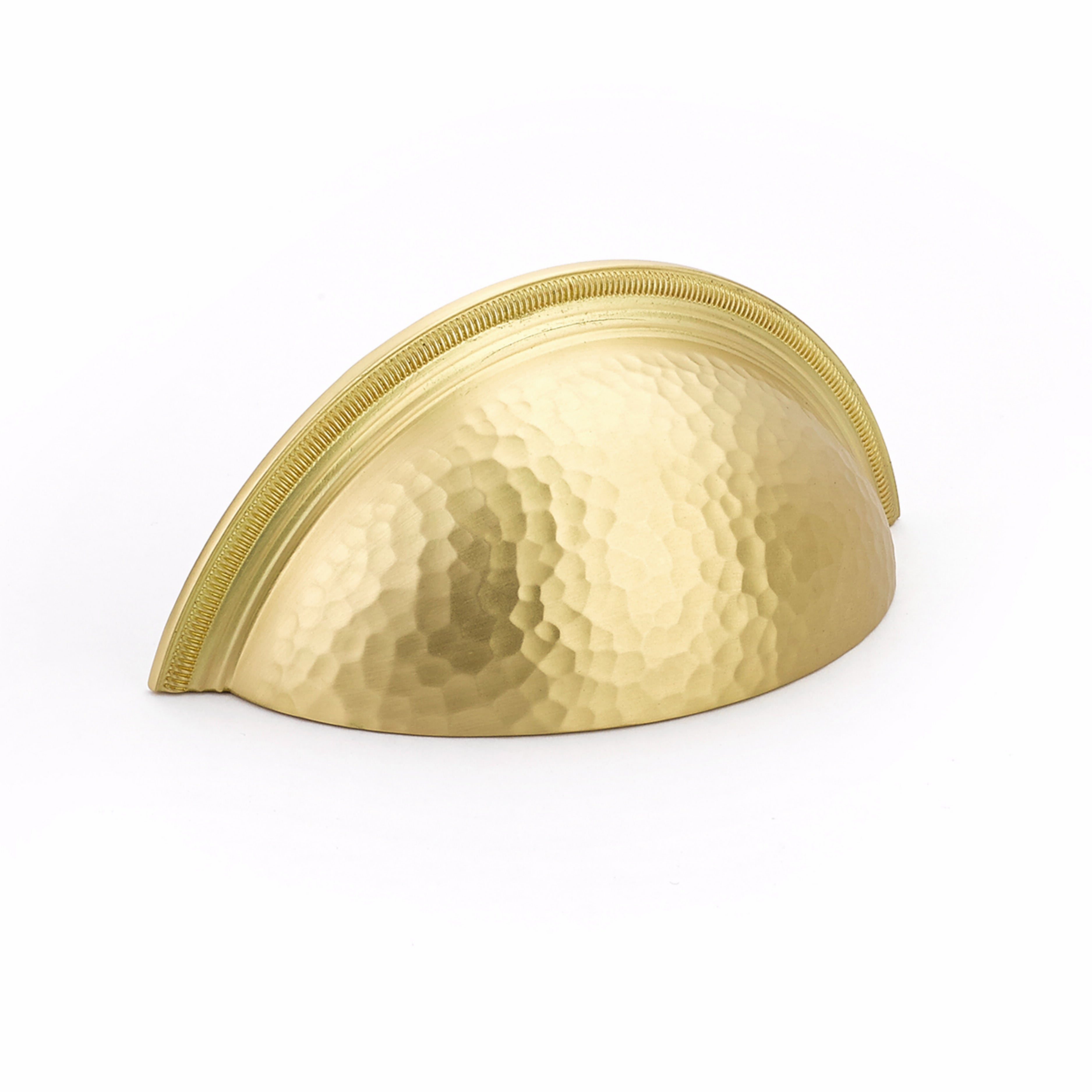 Schaub 574-SB 3" Center to Center Atherton Hammered Knurled Edge Cup Pull Satin Brass Finish Sparrow Supply