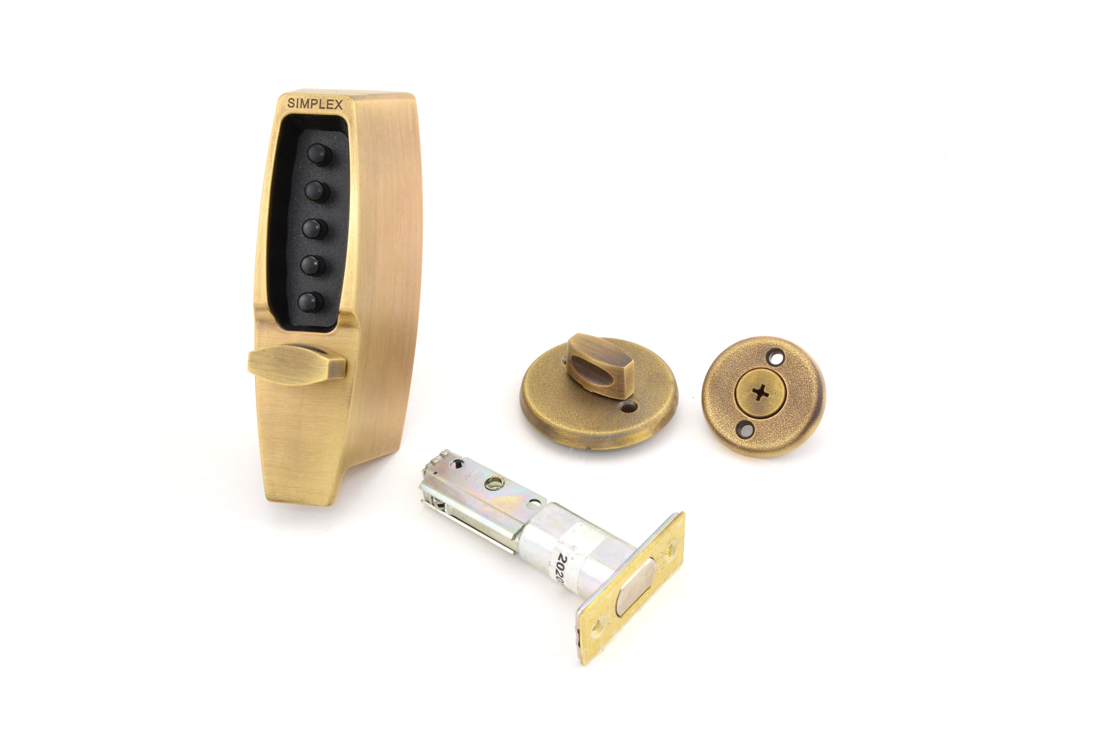 Kaba Simplex 710205 Mechanical Pushbutton Auxiliary Lock with Thumbturn; 1" Deadbolt and 2-3/4" Backset Antique Brass Finish Sparrow Supply