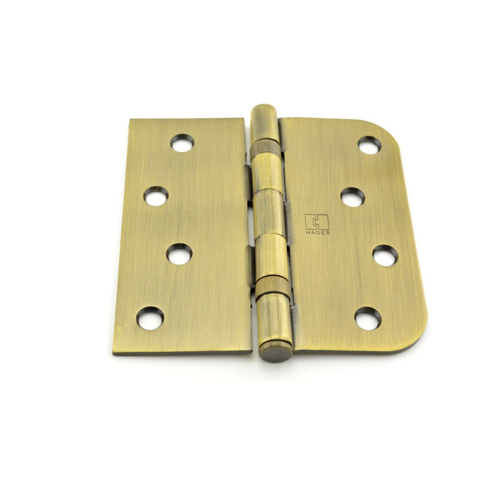 Hager BB181745 4" x 4" Left Hand Square by 5/8” Radius Full Mortise Residential Weight Ball Bearing Hinge Antique Brass Finish Sparrow Supply