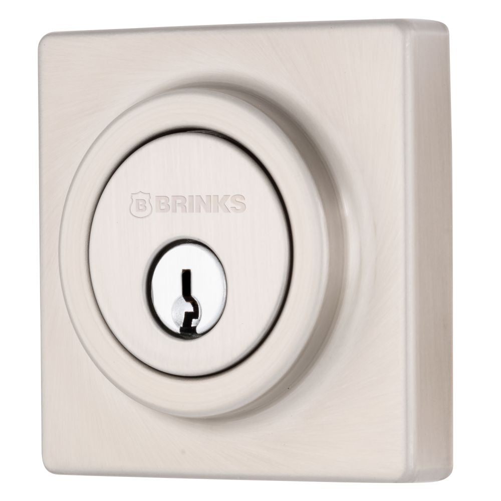Brinks E2402119 Mendocino Series Contemporary Square Single Cylinder Deadbolt with 4 Way Adjustable Backset Satin Nickel Finish Sparrow Supply