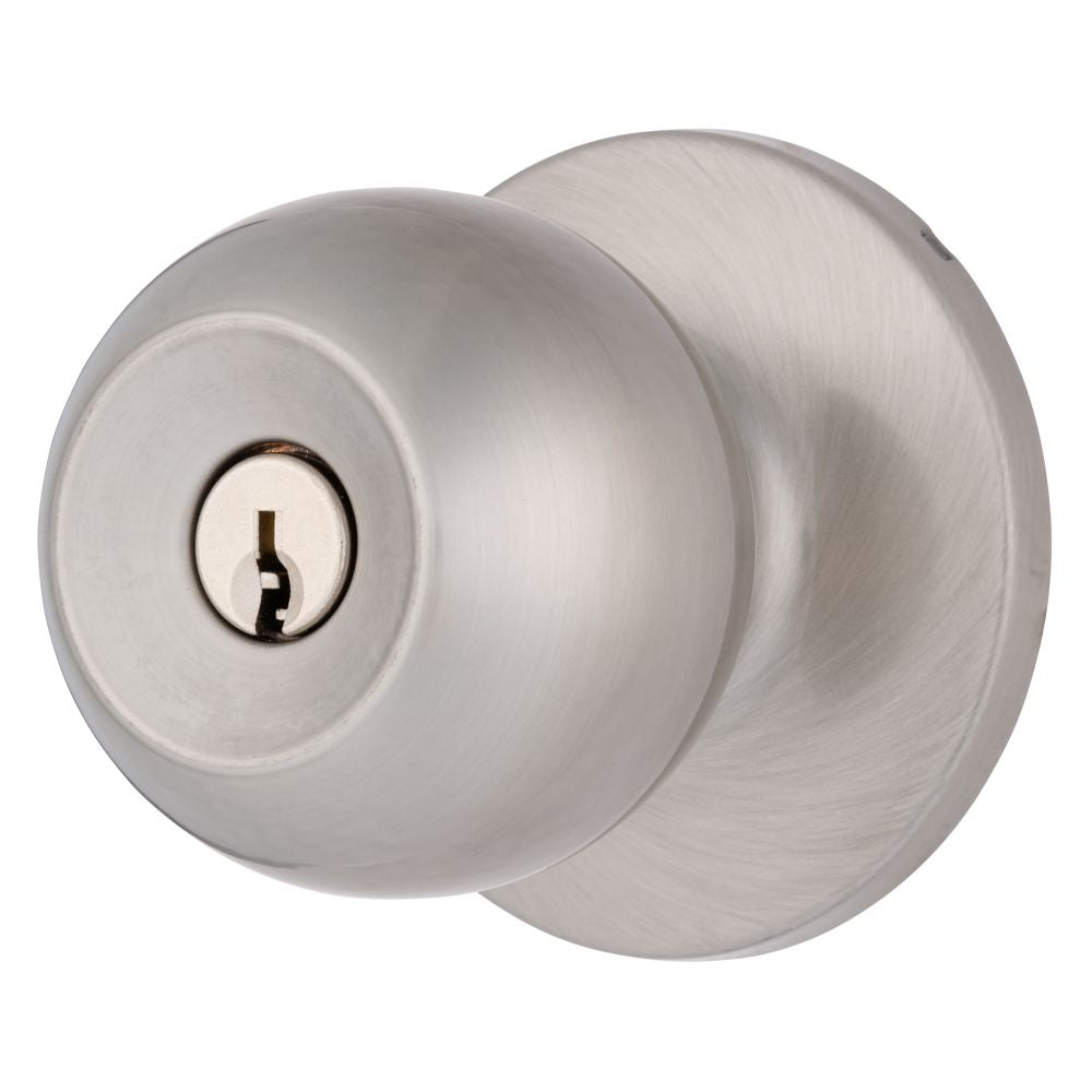Brinks E2415119 Raleigh Series Keyed Entry Transitional Ball Knob and Round Rose with 4 Way Adjustable Latch and Round Corner Full Lip Strike Satin Nickel Finish Sparrow Supply