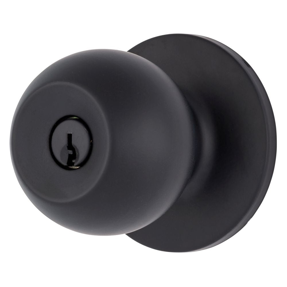 Brinks E2415122 Raleigh Series Keyed Entry Transitional Ball Knob and Round Rose with 4 Way Adjustable Latch and Round Corner Full Lip Strike Matte Black Finish Sparrow Supply