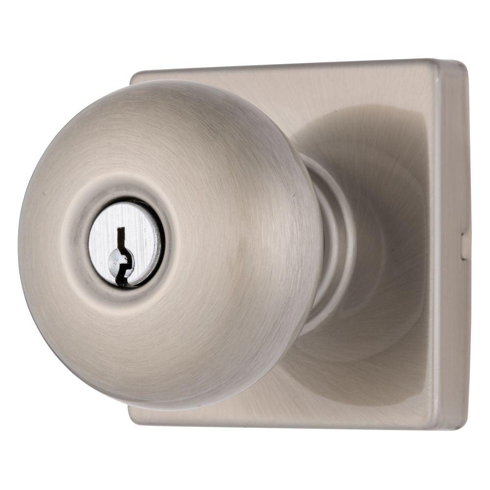 Brinks E2416119 Mendocino Series Keyed Entry Contemporary Ball Knob and Square Rose with 4 Way Adjustable Latch and Round Corner Full Lip Strike Satin Nickel Finish Sparrow Supply