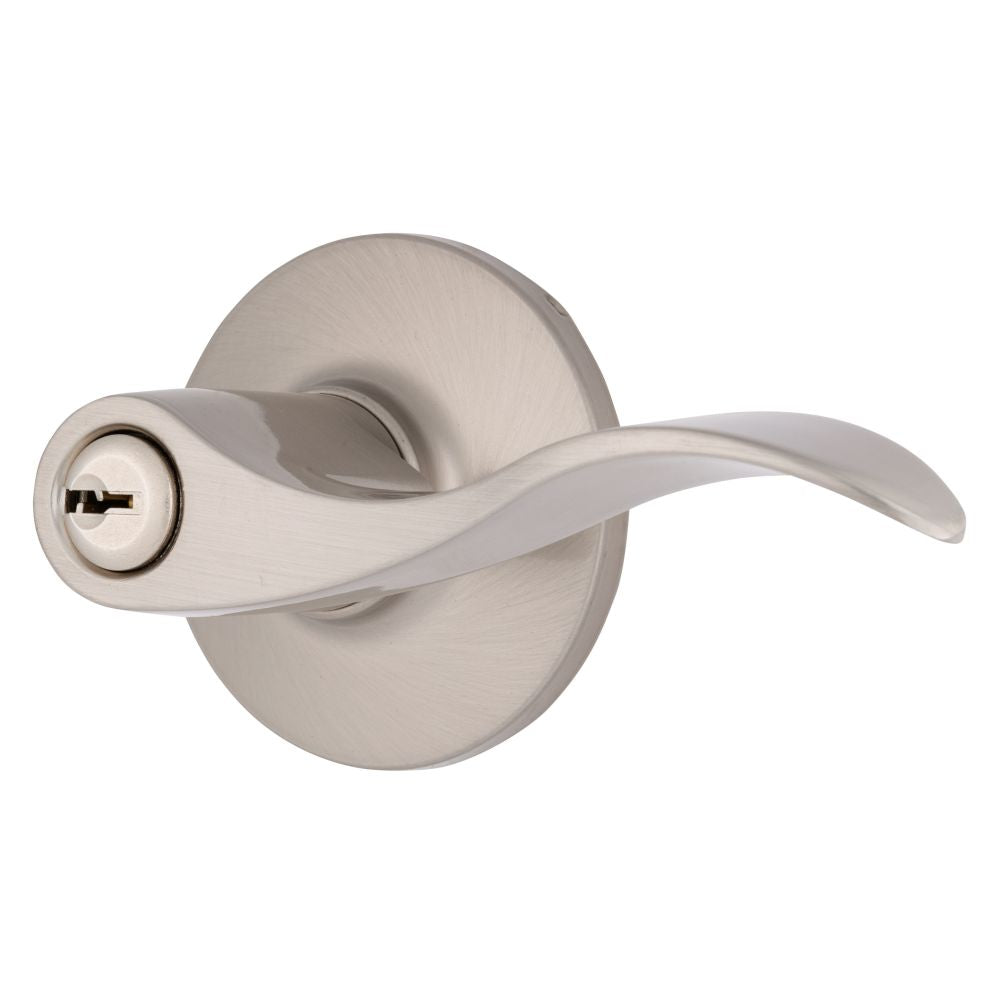 Brinks E2418119 Raleigh Series Keyed Entry Transitional Wave Lever and Round Rose with 4 Way Adjustable Latch and Round Corner Full Lip Strike Satin Nickel Finish Sparrow Supply