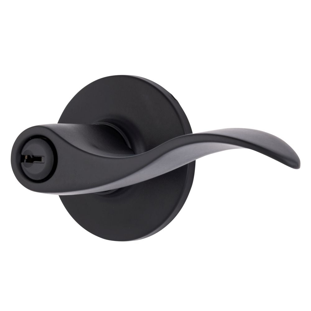Brinks E2418122 Raleigh Series Keyed Entry Transitional Wave Lever and Round Rose with 4 Way Adjustable Latch and Round Corner Full Lip Strike Matte Black Finish Sparrow Supply