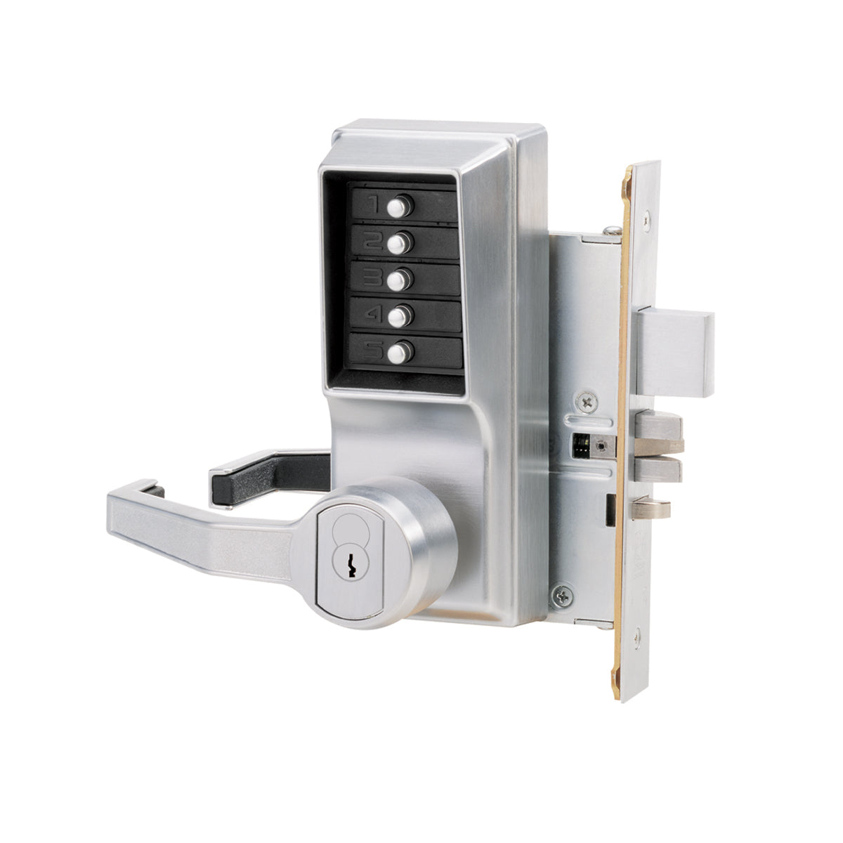 Kaba Simplex L8148S26D Left Hand Mechanical Pushbutton Lever Mortise Lock with Deadbolt and Schlage Prep Satin Chrome Finish Sparrow Supply