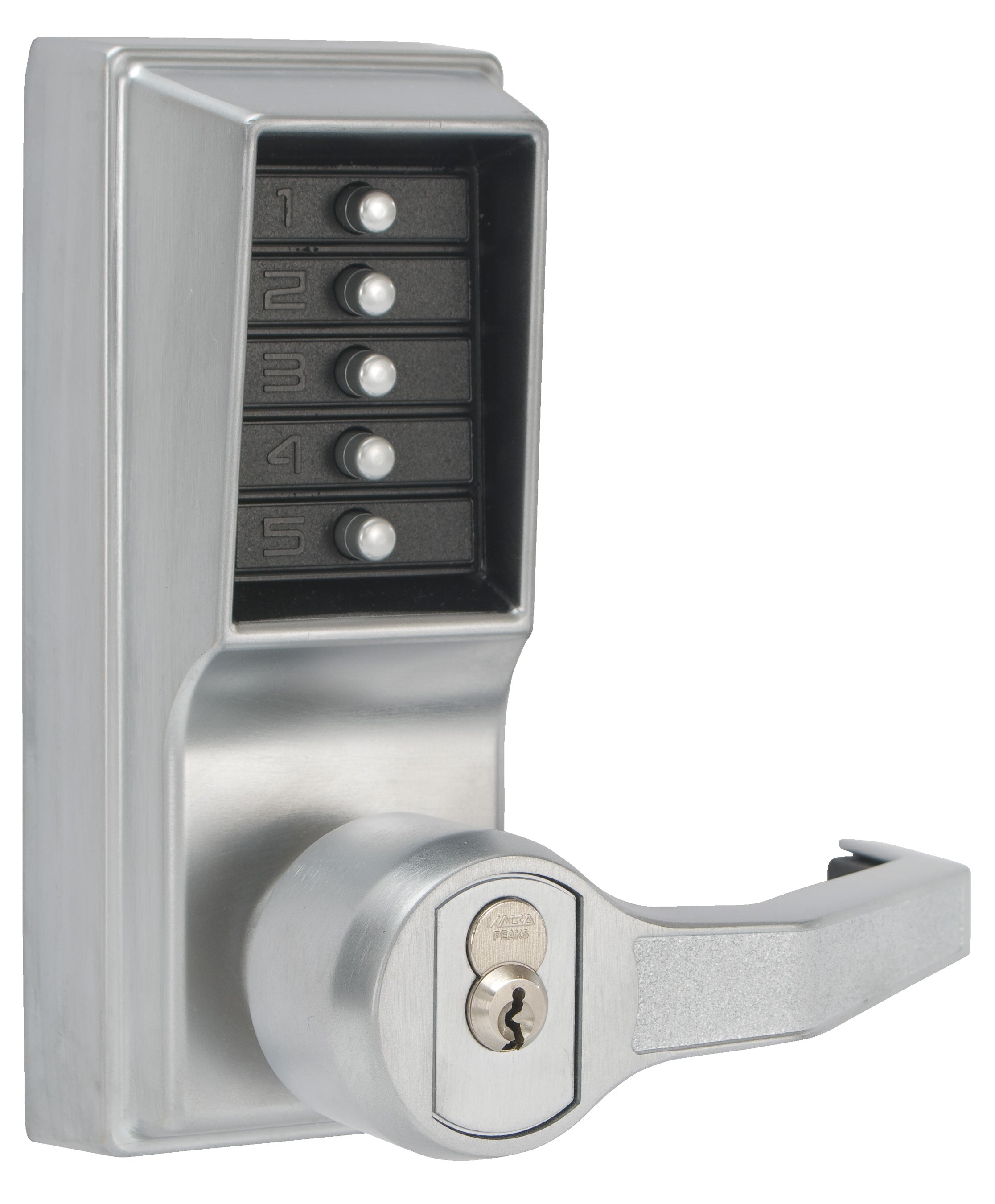Kaba Simplex LL1076S26D Left Hand Mechanical Pushbutton Lever Lock Combination; Privacy; and Key Override; Schlage Prep; 2-3/4" Backset; and 3/4" Throw Satin Chrome Finish Sparrow Supply