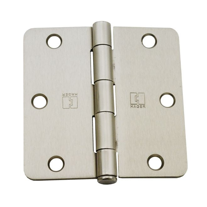 Hager RC174831215EA14 3-1/2" x 3-1/2" 1/4” Radius Full Mortise Residential Plain Bearing Template Hinge Satin Nickel Finish
