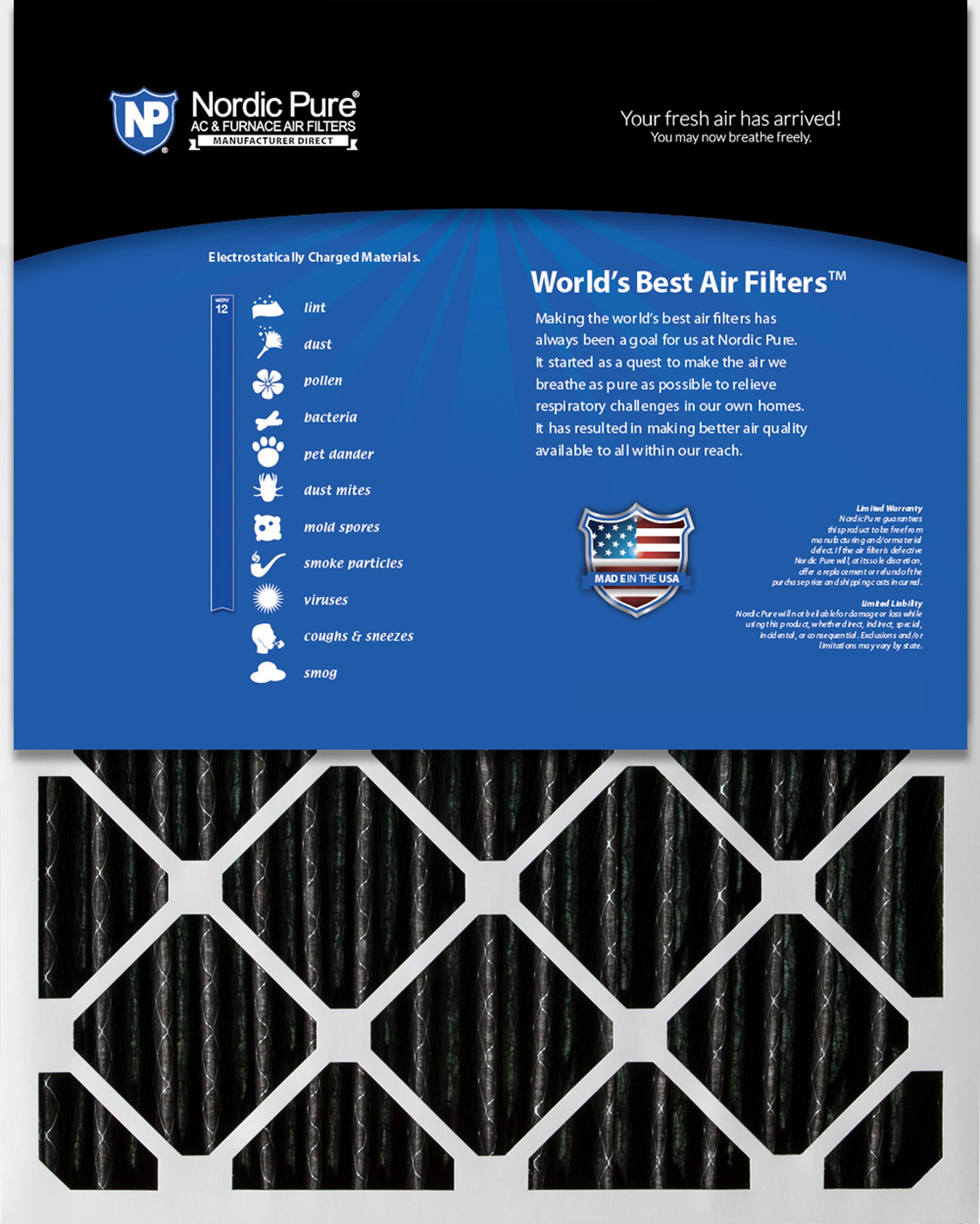 Nordic Pure 16x25x1 Furnace Air Filters MERV 12 Pleated Plus Carbon 6 Pack Sparrow Supply