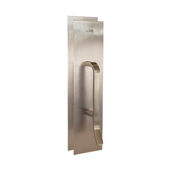 Trimco 18352710CU Push Pull Plate Combo with 3-1/2" x 15" Plate and 6" Center to Center Ultimate Restroom Pull and Rounded Bevel Edges Healthy Hardware Steralloy Finish Sparrow Supply