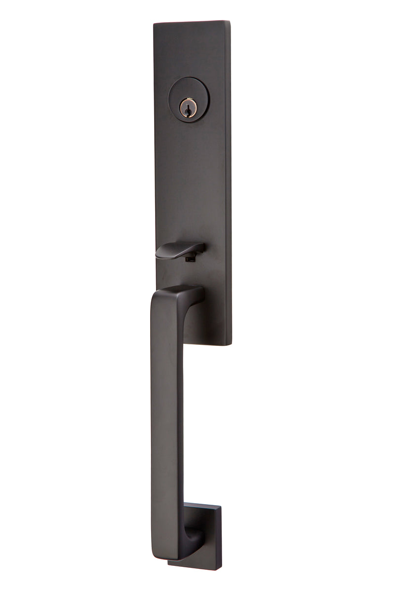 Emtek 4818STUUS19LH Stuttgart Lever Left Hand 2-3/8" and 2-3/4" Backset Single Cylinder Davos Tubular Handleset Flat Black Finish Sparrow Supply
