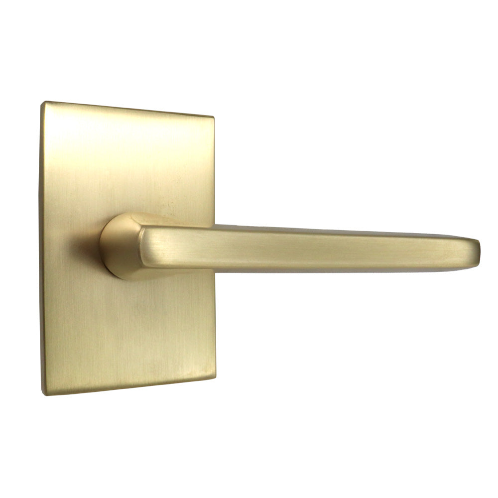 Emtek 5112HLOUS4RH.RLS Helios Lever Right Hand 2-3/8" Backset with Radius Latch Strike Passage with Modern Rectangular Rose for 1-1/4" to 2" Door Satin Brass Finish Sparrow Supply