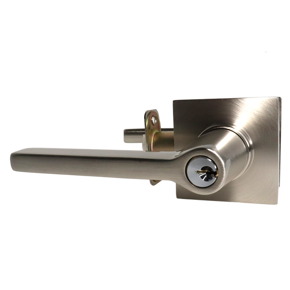 Emtek 5122HLOUS15LH.RLS Helios Lever Left Hand 2-3/8" and 2-3/4" Backset with Radius Latch Strike Keyed Entry with Square Rose for 1-1/4" to 2-1/16" Door Satin Nickel Finish Sparrow Supply